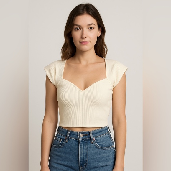 House of Harlow 1960|  cap sleeve ribbed crop top | Color: Cream | Size: M - Picture 1 of 8